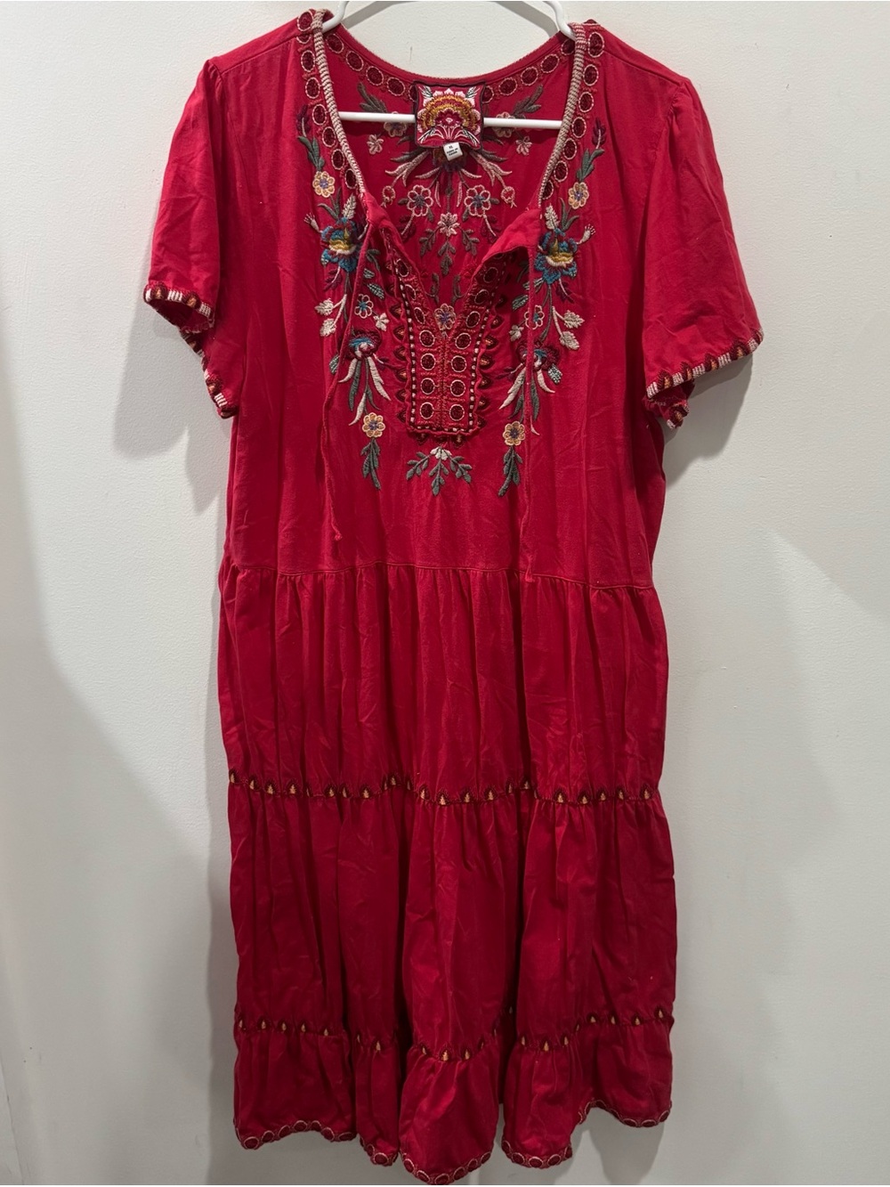 Johnny Was Bright Red Embroidered Midi Dress